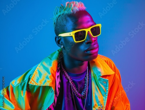 Teen Black Man with Blond Straight Hair neon style Illustration. © Vector Juice
