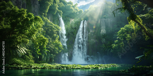 A majestic waterfall hidden deep within a lush jungle, its thundering cascade echoing through the verdant canopy as shafts of sunlight pierce the dense foliage to illuminate the emerald pool below
