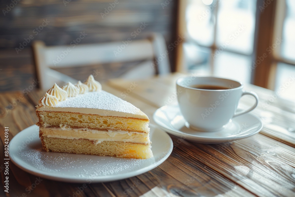 A slice of white cake with white frosting sits on a white plate next to a white cup of coffee. The plate and cup are on a wooden table. A slice of white cake with white frosting sits on a white plate next to a white cup of coffee. The plate and cup are on a wooden table.