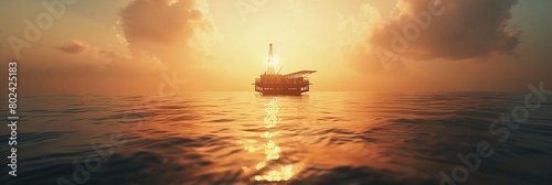 Offshore platform, oil and gas production in ocean or sea, gas and oil production industry, offshore drilling rig in the rays of the setting sun, banner photo