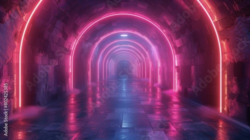 Long Hallway With Red Neon Lights