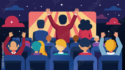 As the credits roll on the final film the crowd rises to their feet in a standing ovation grateful for this memorable evening celebrating timeless. Vector illustration photo