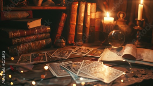 atmospheric setting showing a study desk lit by candlelight with scattered tarot cards, open astrology books, a crystal ball, and ancient manuscripts