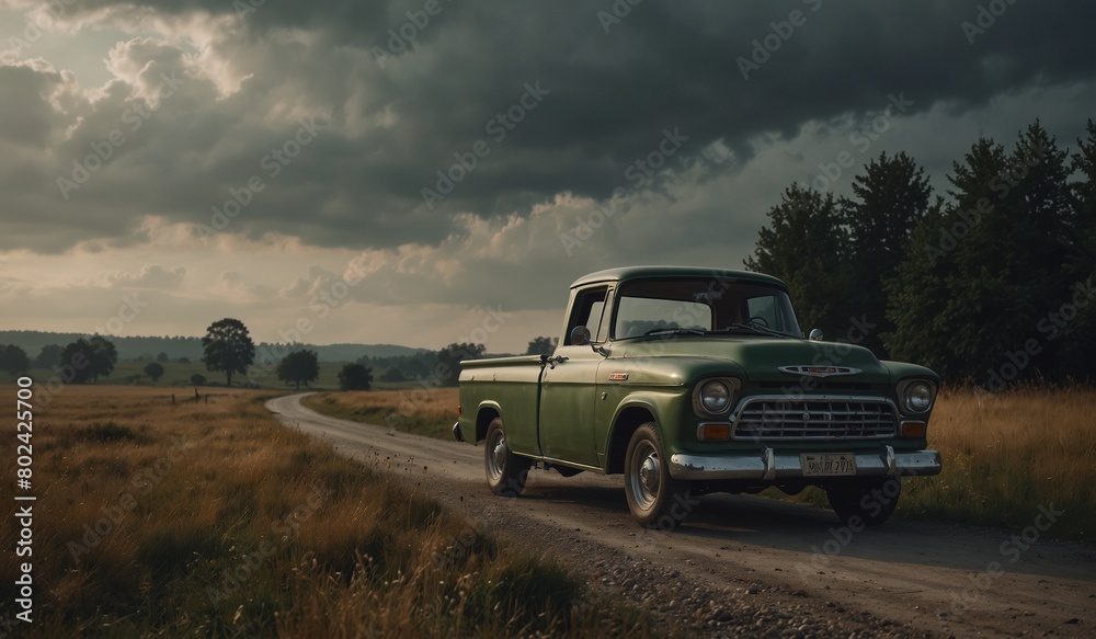 Vintage truck on a rural road under stormy skies