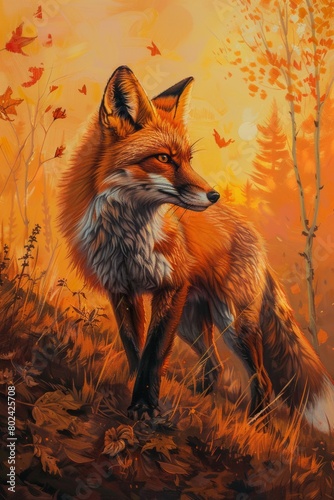 Fox prowls in the dimming light of an orange twilight, surrounded by autumn leaves and a gentle breeze, vertical painting