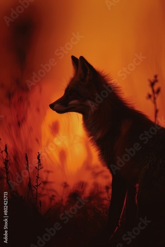 Silhouette of a fox in a fiery orange twilight, vertical painting © AIchemist