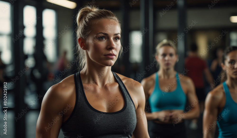 Focused woman at gym with others in background Focused woman at gym with others in background