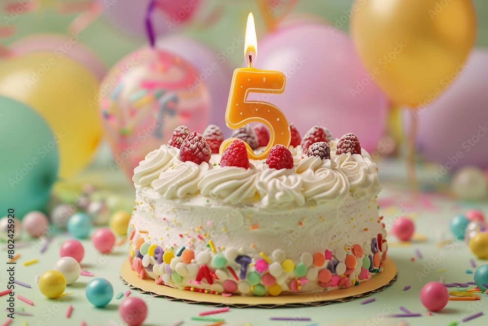 Birthday cake with candle number 5 on colorful background