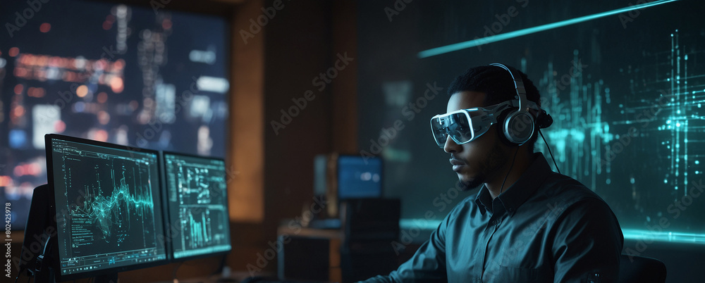 Man with VR headset works at dual monitor setup Man with VR headset works at dual monitor setup