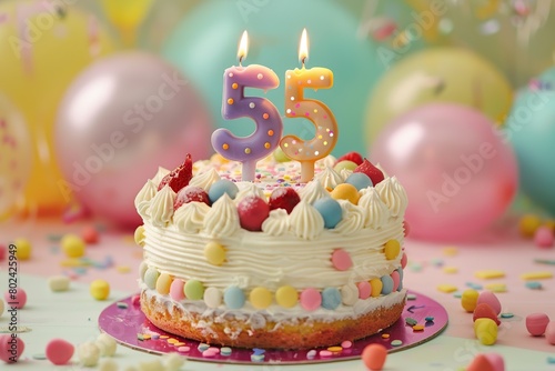 Birthday cake with candle number 55 on colorful background