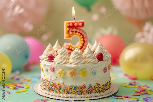 Birthday cake with candle number 5 on colorful background