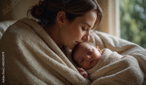 Mother gently cuddling her sleeping newborn baby