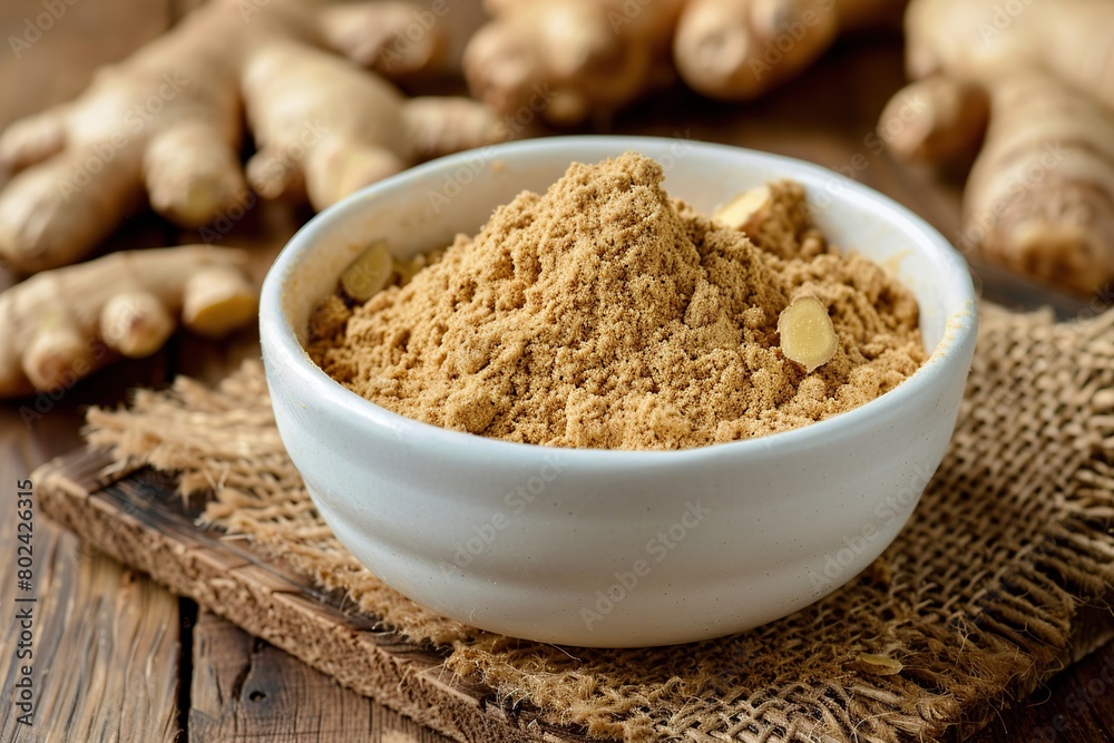 Ground dry ginger in bowl on wooden background Ground dry ginger in bowl on wooden background