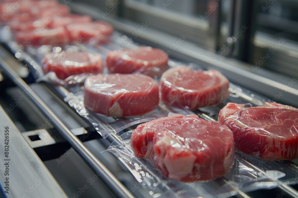 Packed steak meat on a conveyor belt at meat factory Packed steak meat on a conveyor belt at meat factory