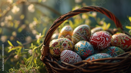 A basket filled with colorful Easter eggs sits on a grassy surface.