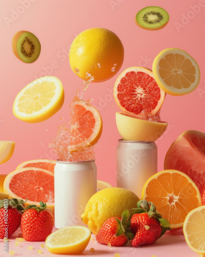 Soda can with fruits slices