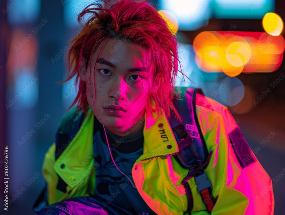 Teen Chinese Man with Red Straight Hair neon style Illustration. Teen Chinese Man with Red Straight Hair neon style Illustration.