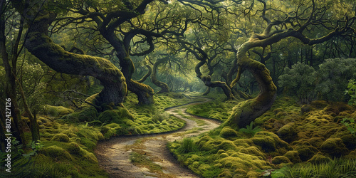 Rain forest, Morning mist, Venture into the depths of the forest, where twisted branches cast eerie shadows upon moss-covered ground, revealing secrets of the ancient woodland