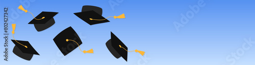 Graduation web banner template with copy space. Academic grad caps in air thrown up together. Mortarboards tossed up. Vector horizontal illustration. Graduate symbols on sky background