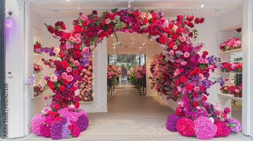 the store blooms with grandeur, adorned with towering arches of large peonies and pink roses reaching three meters in height. #802427538