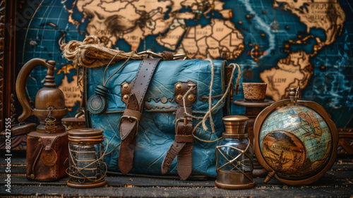 A blue leather bag sits on a table next to a globe and other items