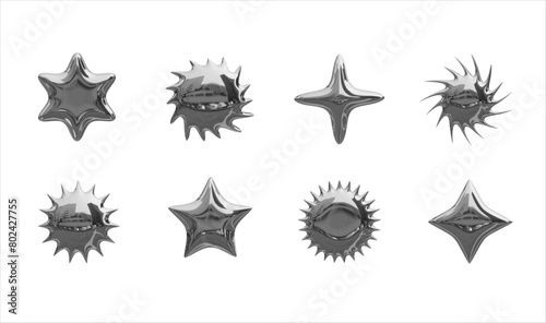 3D Liquid Metal Elements. Set of stylish trendy metal shapes on a transparent background. Isolated set of 8 figures of different silver stars in the style of the 2000s or Y2K