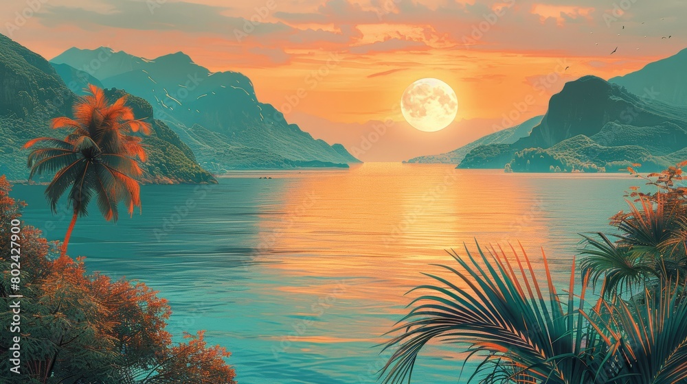 Tropical Paradise at Sunset with Full Moon Over Tranquil Ocean and Mountain Landscape