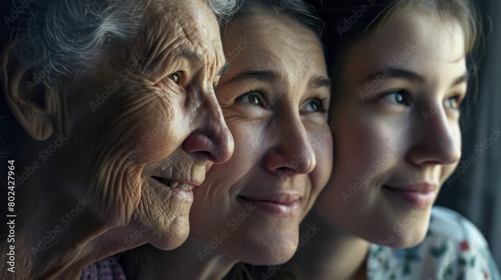Three generations of women, an elderly woman, a middle-aged woman, and a young woman, looking into the distance with smiles on their faces. Three generations of women, an elderly woman, a middle-aged woman, and a young woman, looking into the distance with smiles on their faces.