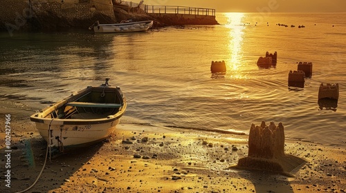Traditional thai boats at sunset beach.