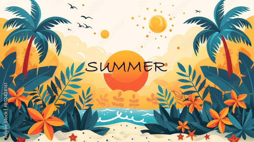 Tropical Summer Beach Scene with Vibrant Sunset, Palm Trees, and Ocean Waves Vector Illustration Tropical Summer Beach Scene with Vibrant Sunset, Palm Trees, and Ocean Waves Vector Illustration