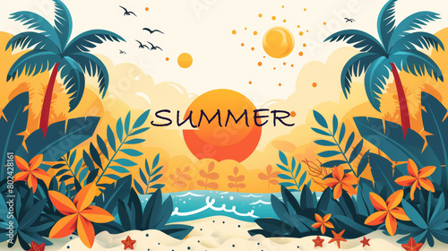 Tropical Summer Beach Scene with Vibrant Sunset  Palm Trees  and Ocean Waves Vector Illustration