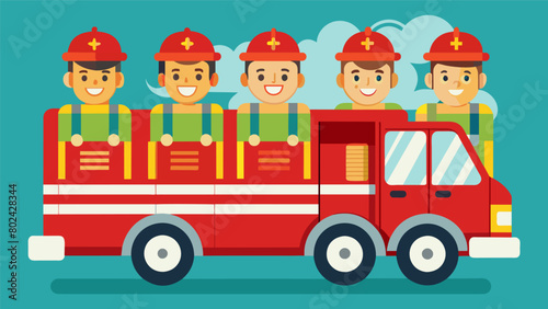 A team of firefighters dressed in their crisp uniforms riding in the fire truck with determination and pride.. Vector illustration