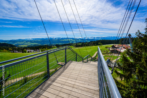 View of the tree top path and trail in beautiful mountain scenery - Skywalk in Alps - Travel destination in Scheidegg, Bavaria, Germany -