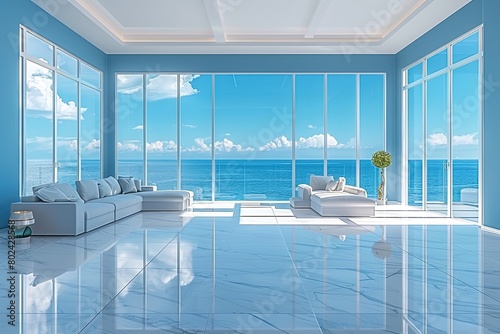 Modern living room with floor-to-ceiling windows and walls painted in a gradient of cool blues,