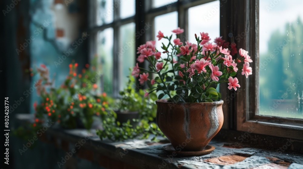 A potted plant with pink flowers sits on a windowsill. A potted plant with pink flowers sits on a windowsill.
