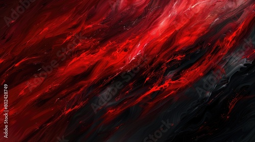 Bold strokes of crimson red slashing through a canvas of deep, inky blackness, creating an abstract composition that pulses with raw energy. photo