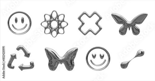 Y2K style metal isolated elements. Set of metallic chrome liquid elements in 2000s style on transparent background. Metallic signs emoticon, butterfly, cross, arrows