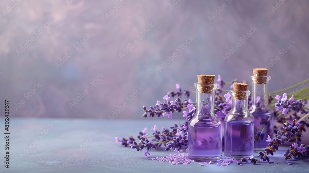 Small bottles with lavender oil, essence, copyspace. Generative AI