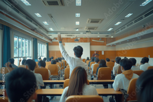Back view of an Asian man raising his hand to a vista while a teacher gives a lecture in a classroom with students sitting at desks at the university,