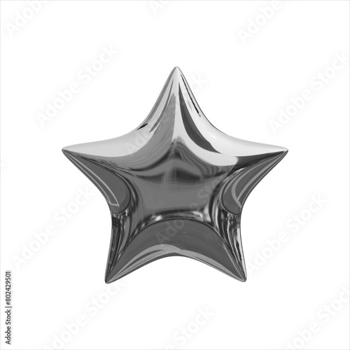 Metal shape in the form of a star  in the style of Y2K. Silver Realistic 3D Star. Metal element on transparent background