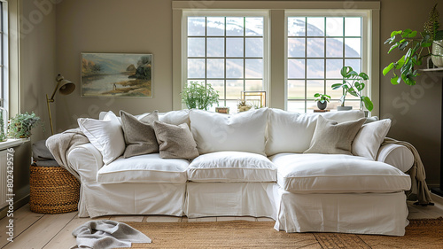 A cozy white fabric sleeper sofa, providing versatile functionality and comfort for overnight guests in a cozy den. © shafiq