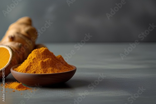 Golden Goodness Turmeric Root and Yellow Curcuma Powder in a Bowl. photo