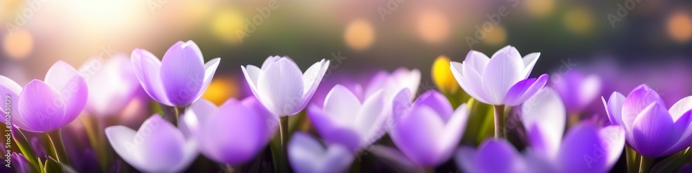 Fototapeta premium Closeup of pink crocus flowers with soft focus on background showing the delicate beauty of spring blossoms.