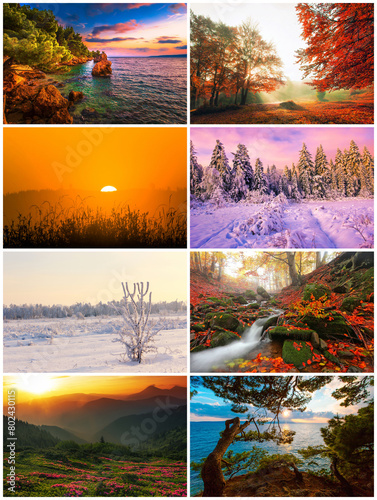 stunning  collage  4 season  awesome sunset landscapes  beautiful nature background in the mountains and sea ...exclusive - this image is sell only on Adobe stock  