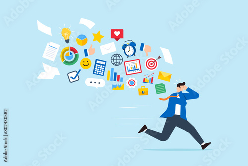 Frustrated businessman running away from flying social and work information, illustration information overload. Concept of overwhelmed by excessive distractions or overwork