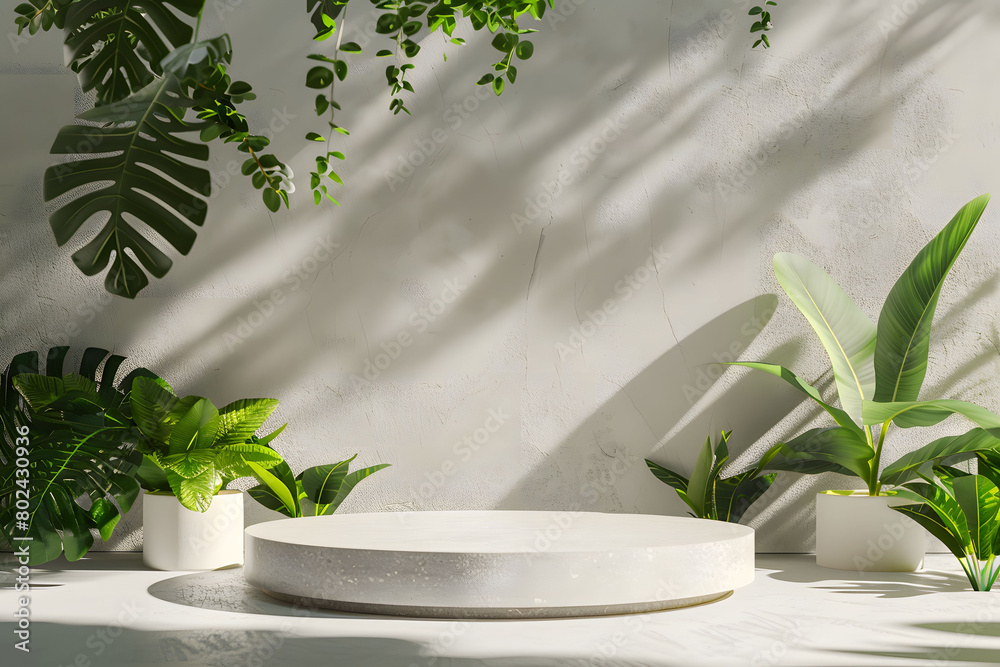 White marble pedestal with various potted plants in a sunlit room with leaf shadows on the wall. Ideal for product display and natural interior design concept White marble pedestal with various potted plants in a sunlit room with leaf shadows on the wall. Ideal for product display and natural interior design concept