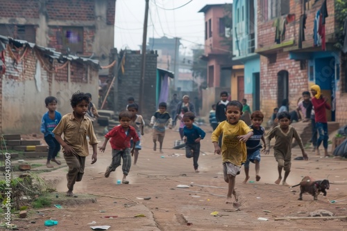 View of unknowns Nepali children playing in the street at Thamel district in Kathmandu in the afternoon photo