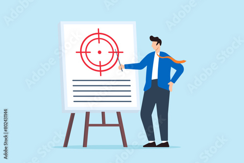Smart businessman presents scope of work in meeting, illustrating project management. Concept of setting clear goals, targets, and objectives to guide project towards successful completion