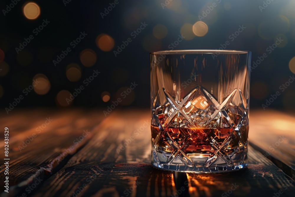 Glass of scotch whiskey and ice on wooden table Glass of scotch whiskey and ice on wooden table