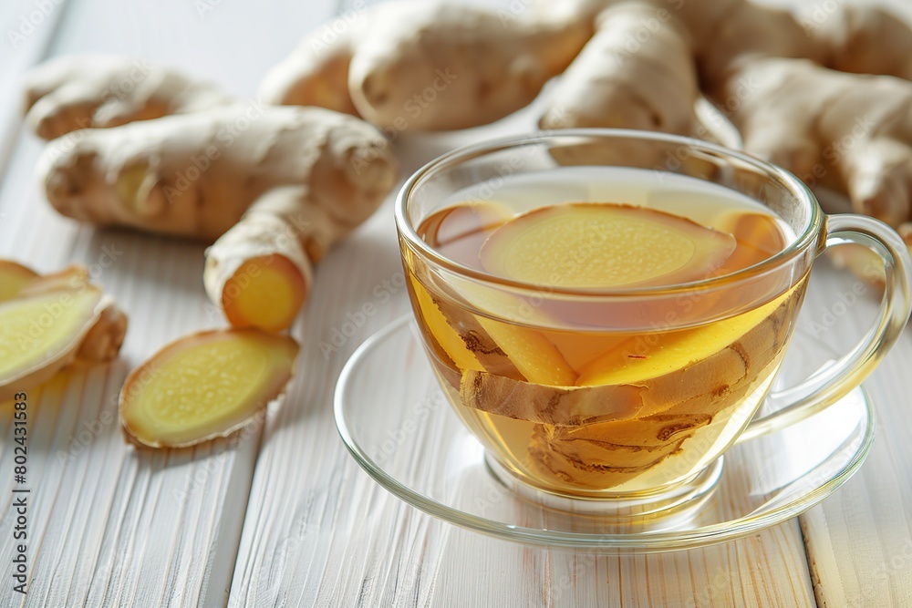 Glass cup of ginger tea with sliced ginger root on white wooden background Glass cup of ginger tea with sliced ginger root on white wooden background